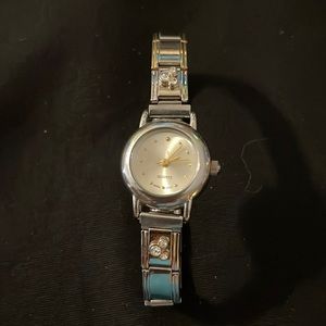 Add a link bracelet/quartz watch with 2 rhinestone Mickey charms